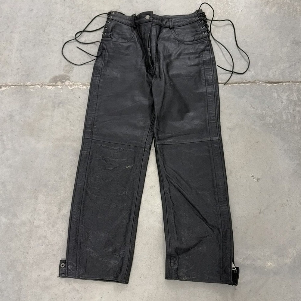 Highway One Black Leather Motorcycle Pants Side Lace Up Zip Leg womans Size 12